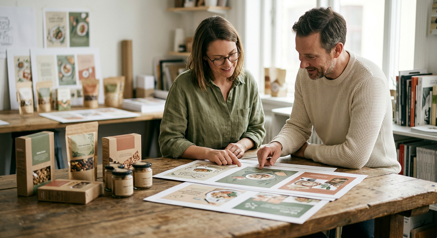 Two people reviewing printed advertising concept boards together at a table, with packaged snack products nearby