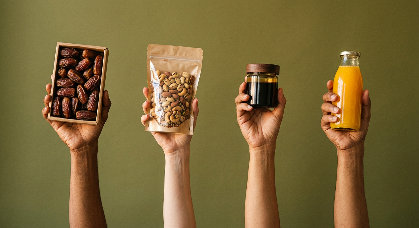 Four hands raised holding packaged food products: a box of dates, a bag of mixed nuts, a jar of date syrup, and a bottle of juice