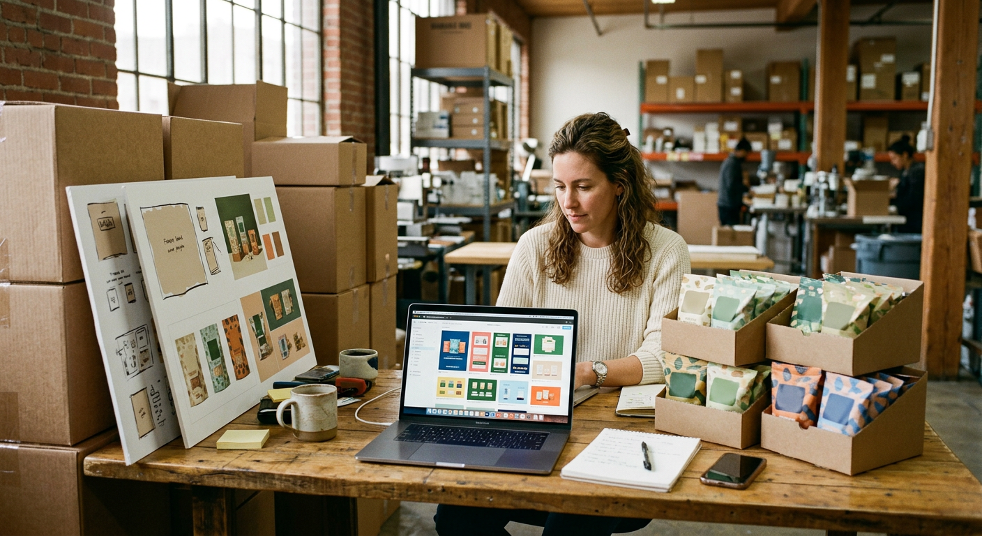 A founder at a warehouse desk reviewing ad concept boards on a laptop, with boxes of packaged snack products nearby